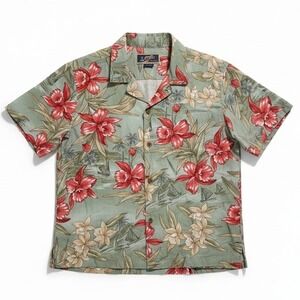 La Cabana Green Red Orchid‎ Floral Sailboat Hawaiian Shirt, Men's Large, Rayon